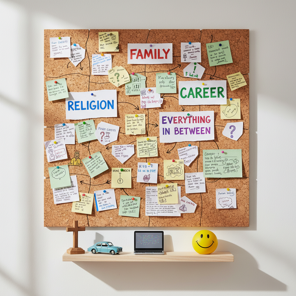 A patchwork corkboard mounted on a matte white wall, filled with mismatched note cards and doodled index cards labeled “family,” “religion,” “career,” and “everything in between” in colorful marker. Each card has tiny scribbles, arrows, and question marks, giving a sense of messy, joyful brainstorming. A shelf beneath holds a playful assortment of objects: a small wooden cross, a toy car, a miniature laptop, and a squishy stress ball. Natural window light from the left creates soft highlights and gentle shadows, photographed in clean, photographic realism from a slightly elevated angle. The mood is energetic and curious, with a bright, modern aesthetic that visually represents the eclectic topics of a personal blog.