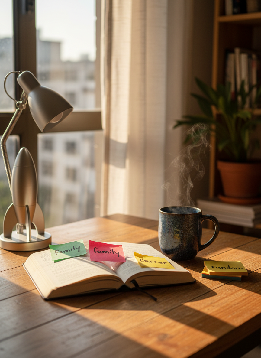 A cozy wooden writing desk with a slightly worn honey-brown surface, scattered with an open cloth-bound journal, a chunky ceramic mug of steaming tea, and a small stack of colorful sticky notes labeled “family,” “faith,” “career,” and “random.” The desk sits near a bright apartment window framed by light curtains, with soft late-morning sunlight pooling across the pages and casting playful shadows from a quirky desk lamp shaped like a tiny rocket. Photographic realism with a vibrant, inviting mood, shot at eye level with shallow depth of field so the background of blurred bookshelves and a cheerful potted plant feels warm and homely, reinforcing the playful, personal blog atmosphere of Gambiza’s Corner.